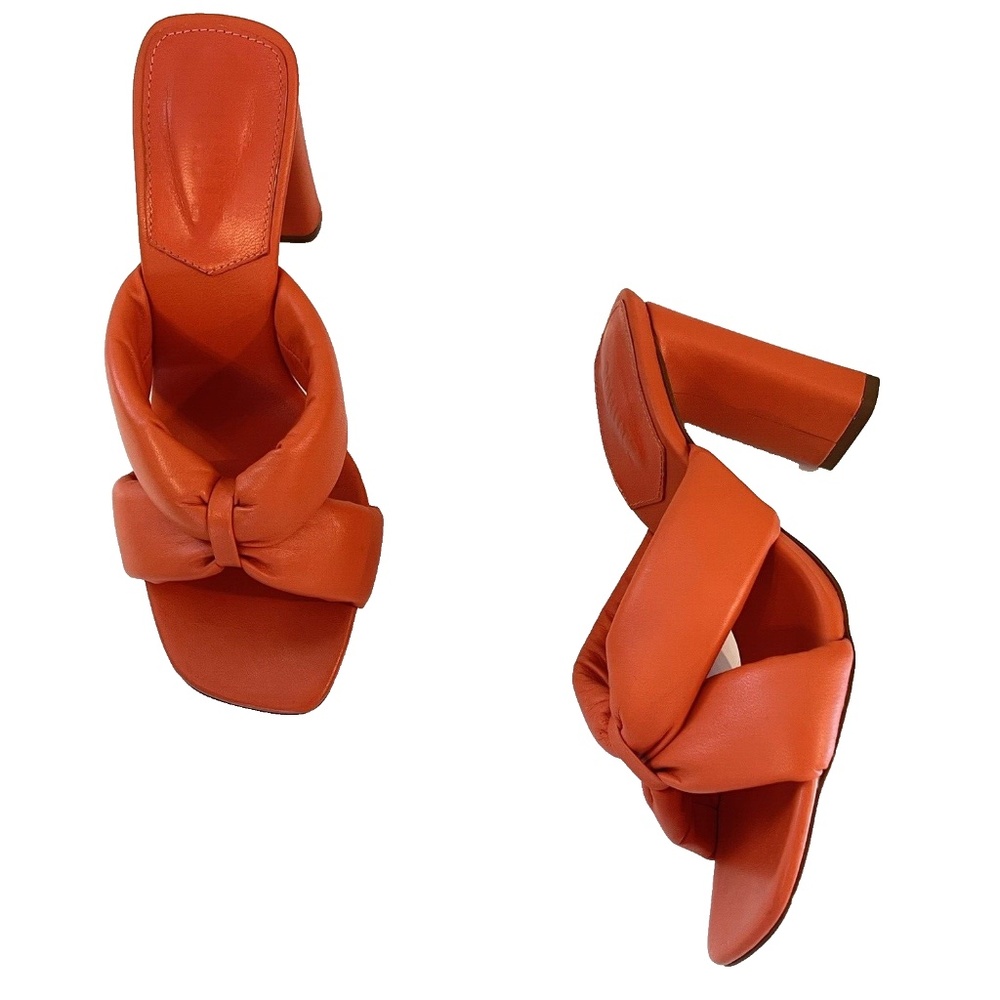 Schutz Heel Sandal Women's Size 7.5 Orange Leather Open Square Toe Slip On Shoe